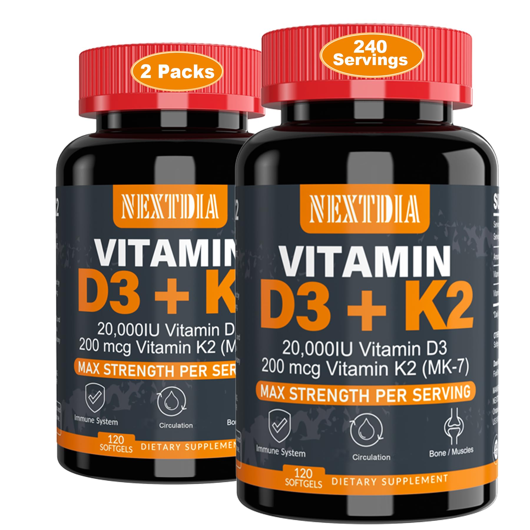 Nextdia Vitamin D3 20,000 IU + K2 MK7 200mcg – Bone, Muscle